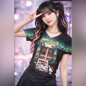 Hello Kitty x Jurassic Park Graphic Tee Size M Y2K Kawaii Pop Culture Shirt